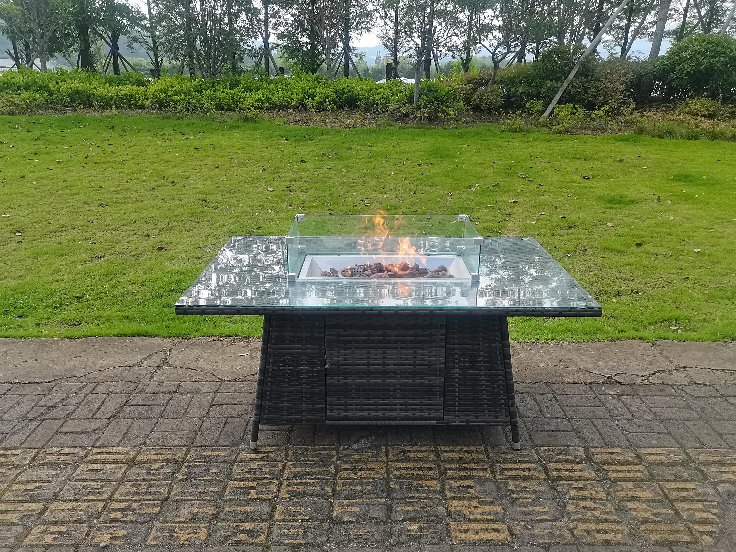 Fimous 8 Seater Outdoor Rattan Sofa Set Garden Furniture Gas Firepit Set Heater Dining Table Footstools Dark Grey Mixed