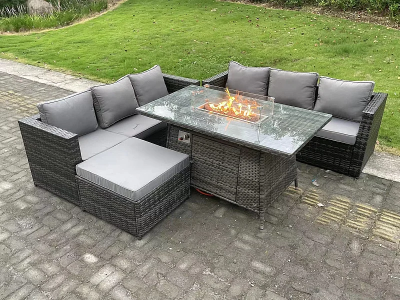 8-Sitzer Rattan Gartenmöbel Set mit Gas Feuertisch Sofa