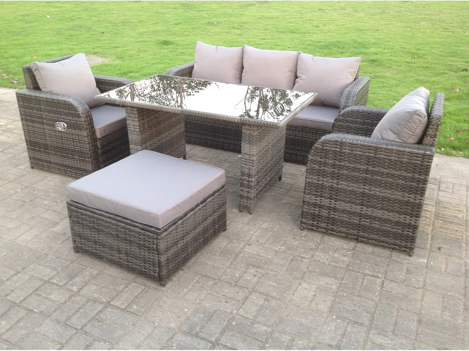 Fimous Rattan Garden Furniture Set Adjustable Chair Sofa Lounge 3 Seater Sofa Rectangular Dining Black Glass Table Footstool