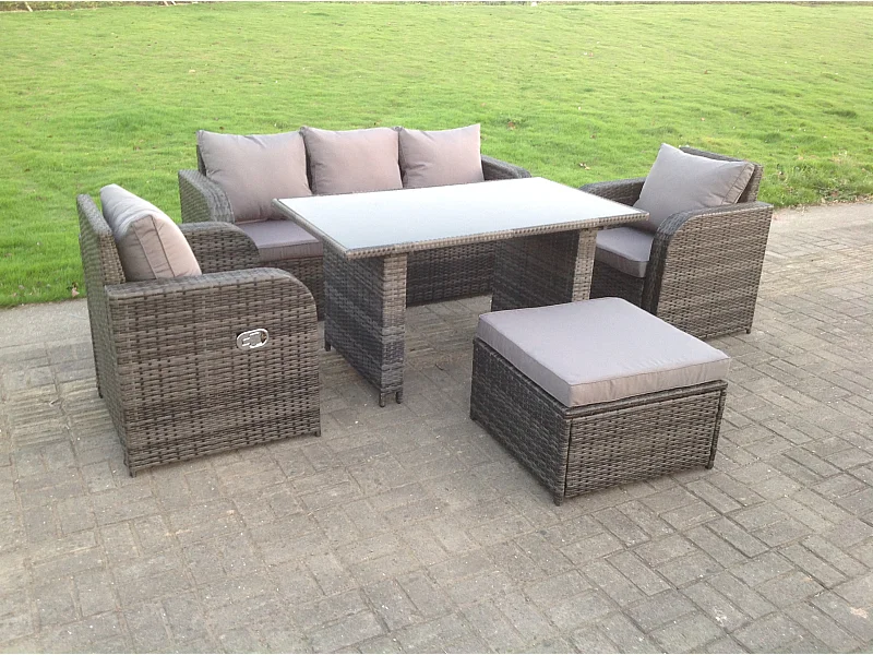 Meubles de jardin en rotin ave Table à manger 3 Places Canapé Chaises inclinable Tabourets Mélange gris foncé