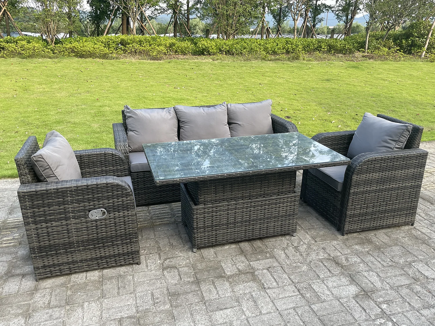 Mobilier À Dîner De Jardin en rotin ave Canapé Chaises inclinable Table à manger réglable en hauteur Mélange gris foncé