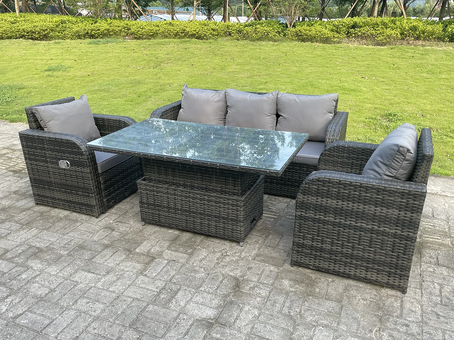 Fimous Dark Mixed Grey Rattan Outdoor Garden Furniture Lifting Adjustable Dining Or Coffee Table Sets Lounge Sofa Recling Chairs 5 Seater