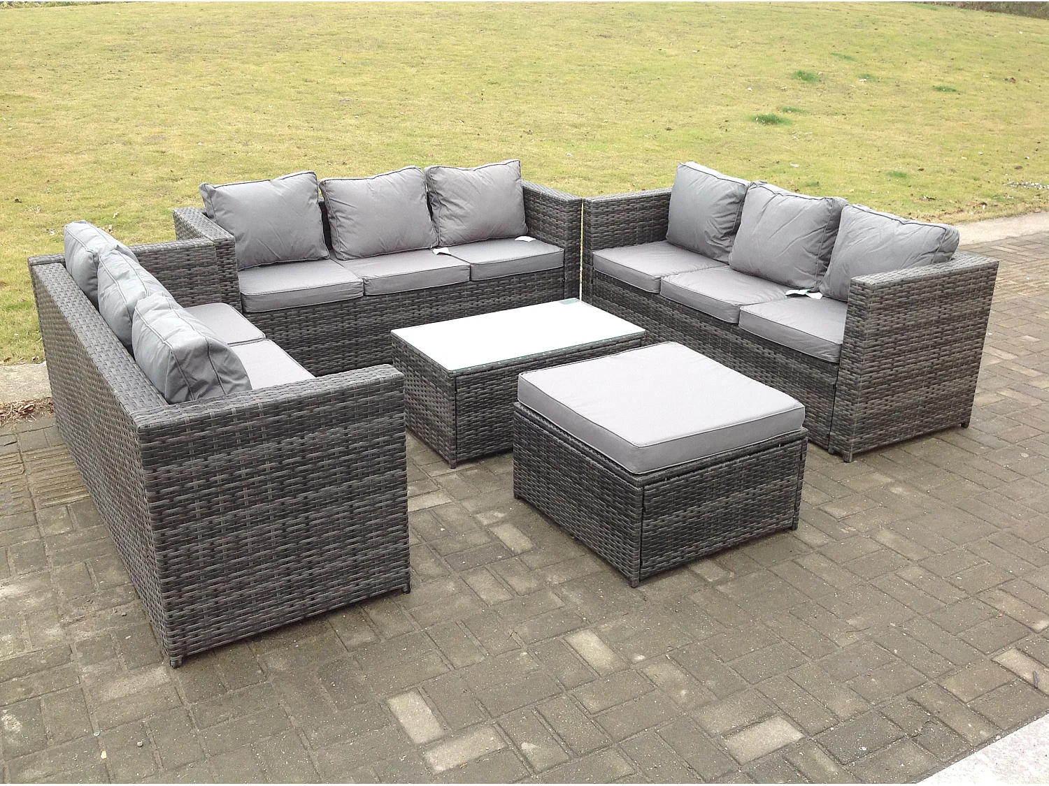 Meubles de jardin en rotin ave 3 Places canapé Table basse Tabourets Mélange gris foncé