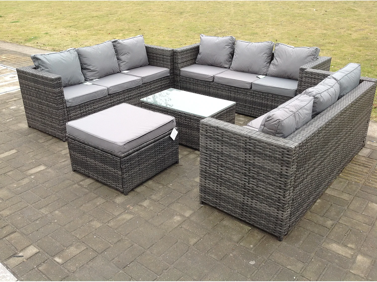 Meubles de jardin en rotin ave 3 Places canapé Table basse Tabourets Mélange gris foncé