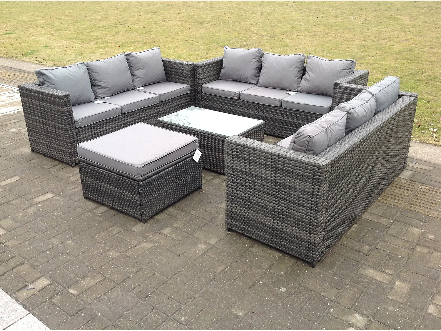 Meubles de jardin en rotin ave 3 Places canapé Table basse Tabourets Mélange gris foncé