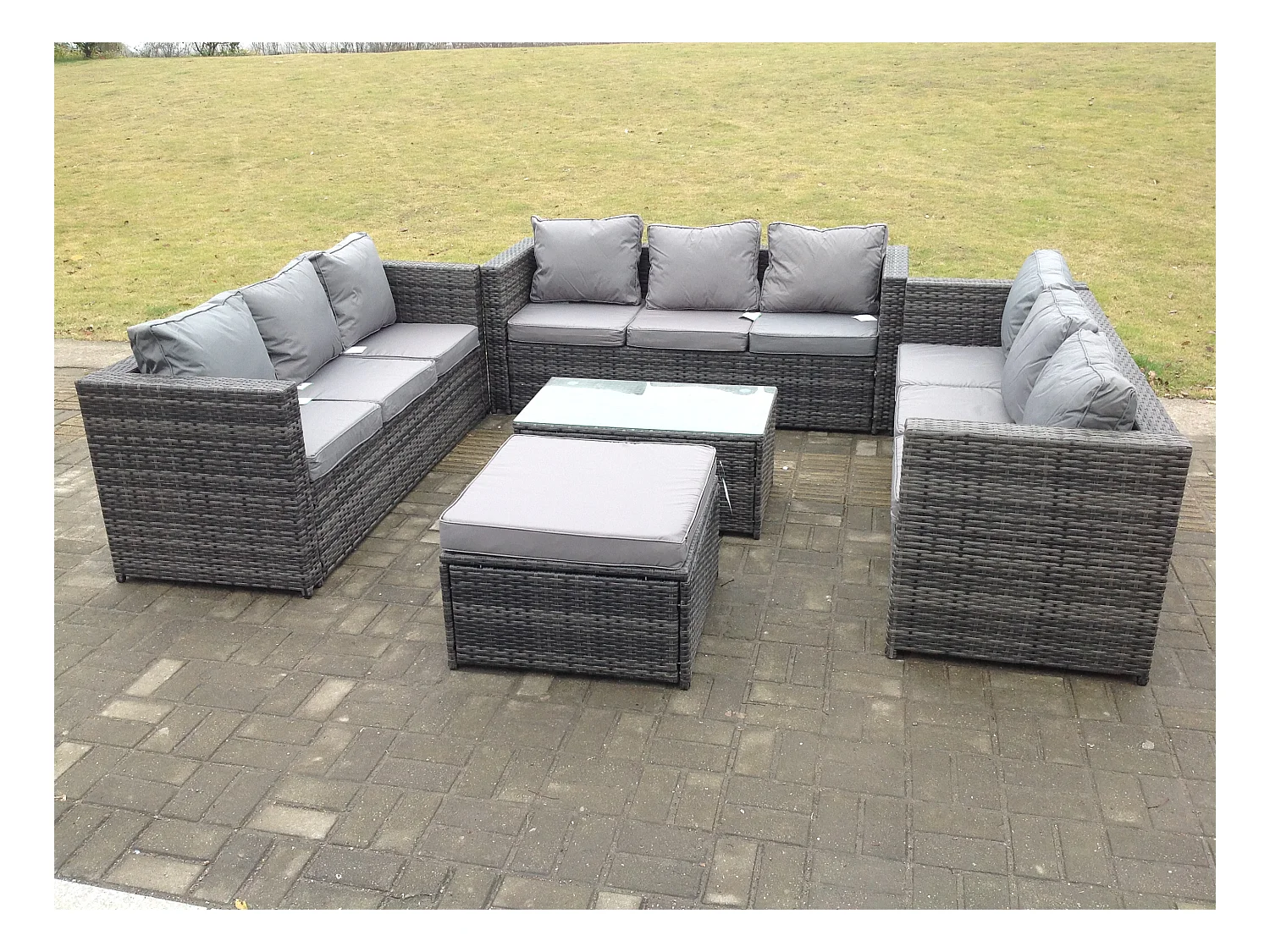 Rattan Gartenmöbel Set mit 3-Sitzer Sofa Couchtisch Hocker Dunkelgrau gemischt