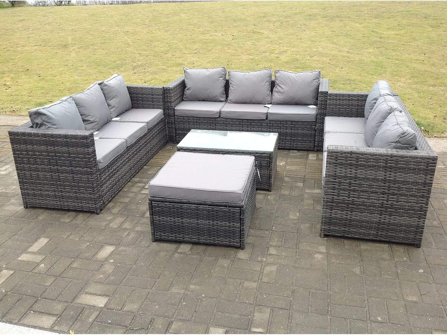 Fimous Outdoor Rattan Garden Furniture Lounge Sofa Set With Oblong Coffee Table With Big Footstool