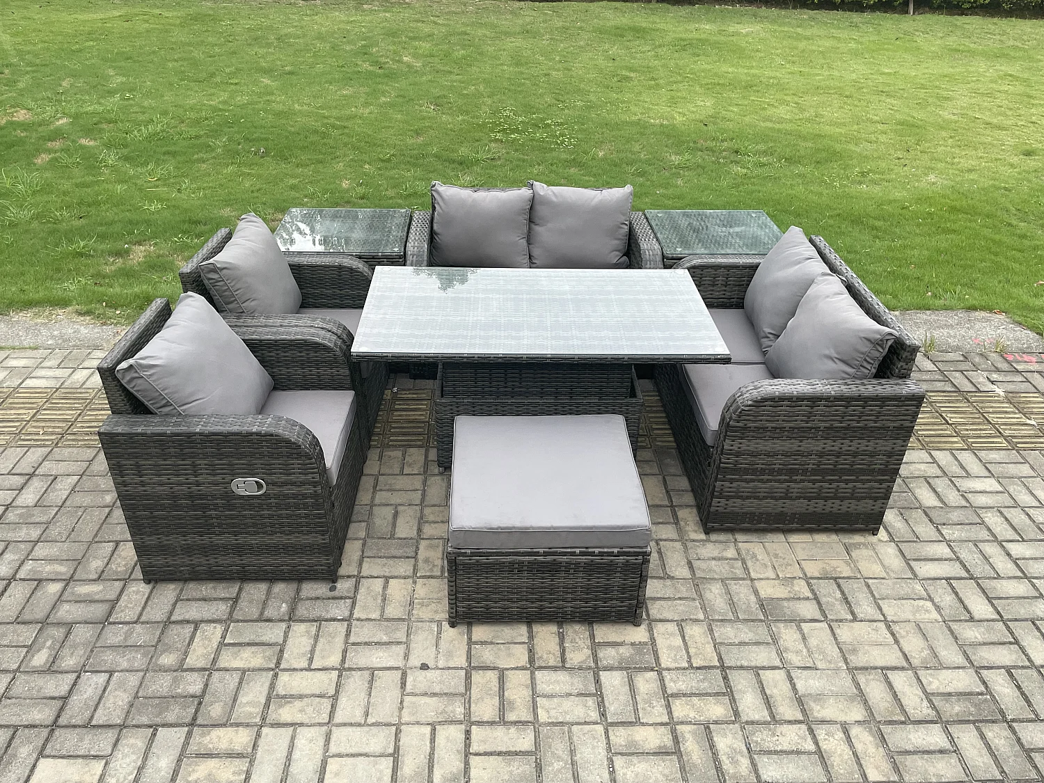 Fimous Wicker PE Rattan Furniture Garden Dining Set Outdoor Height Adjustable Rising lifting Table Love Sofa Chair With 2 Side Tables Stools