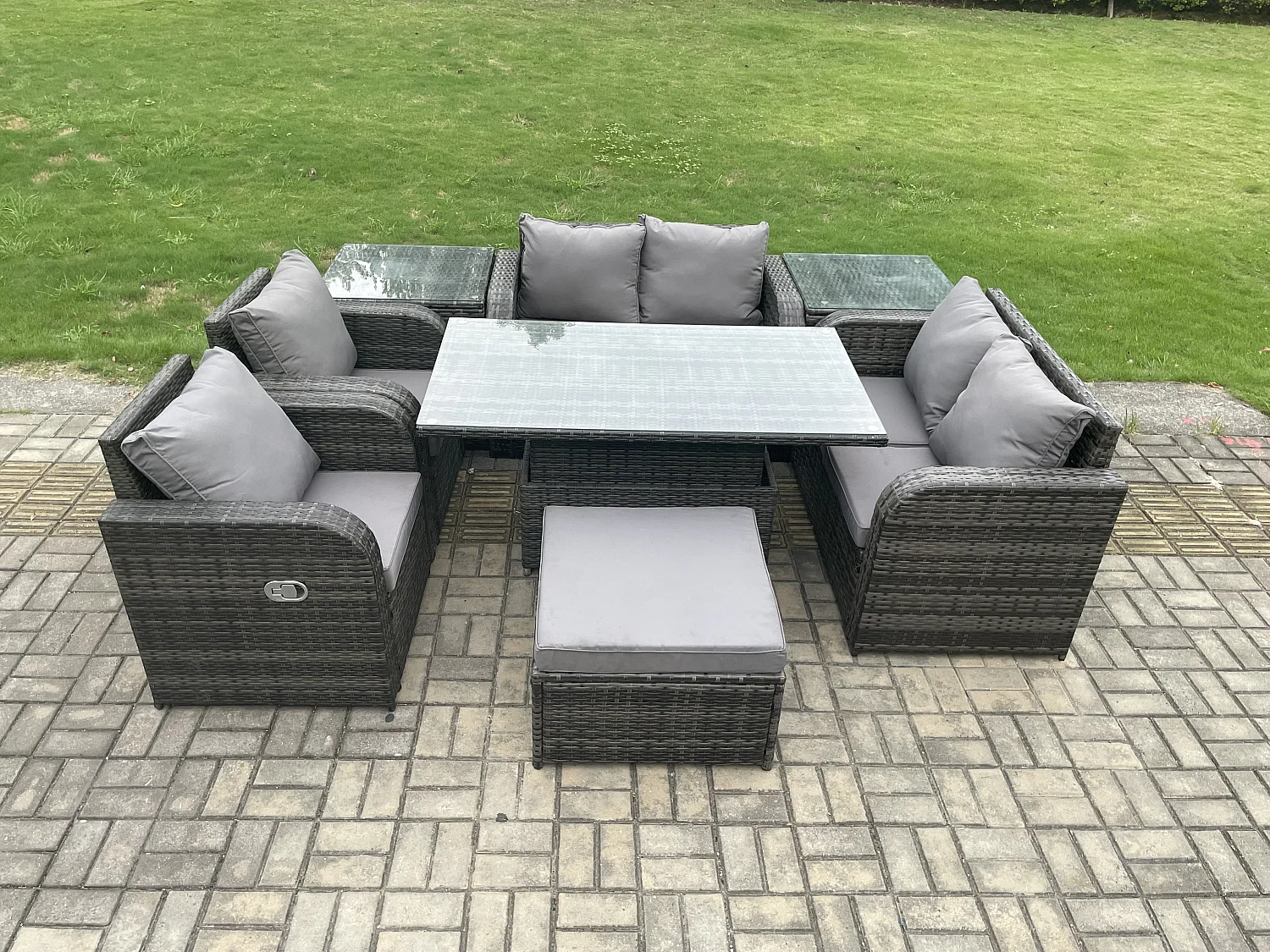Fimous Wicker PE Rattan Furniture Garden Dining Set Outdoor Height Adjustable Rising lifting Table Love Sofa Chair With 2 Side Tables Stools