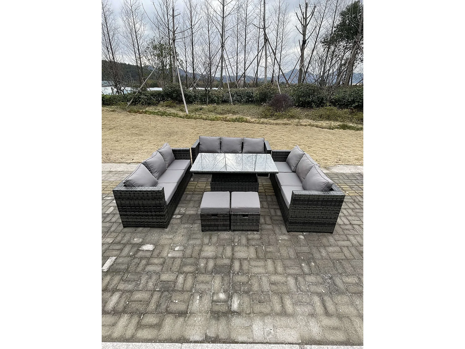 11 Places Meubles de jardin en rotin ave Table à manger réglable en hauteur 3 Places canapé 2 Repose-Pied Mélange gris foncé