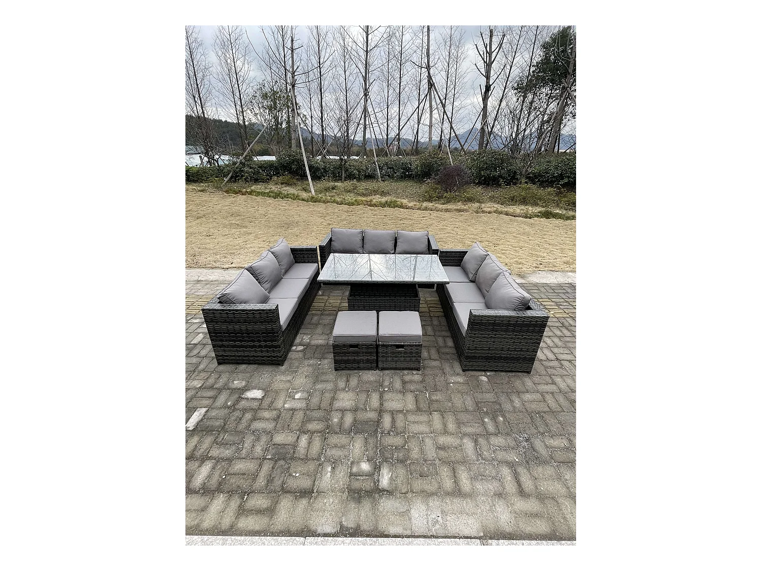 11 Places Meubles de jardin en rotin ave Table à manger réglable en hauteur 3 Places canapé 2 Repose-Pied Mélange gris foncé