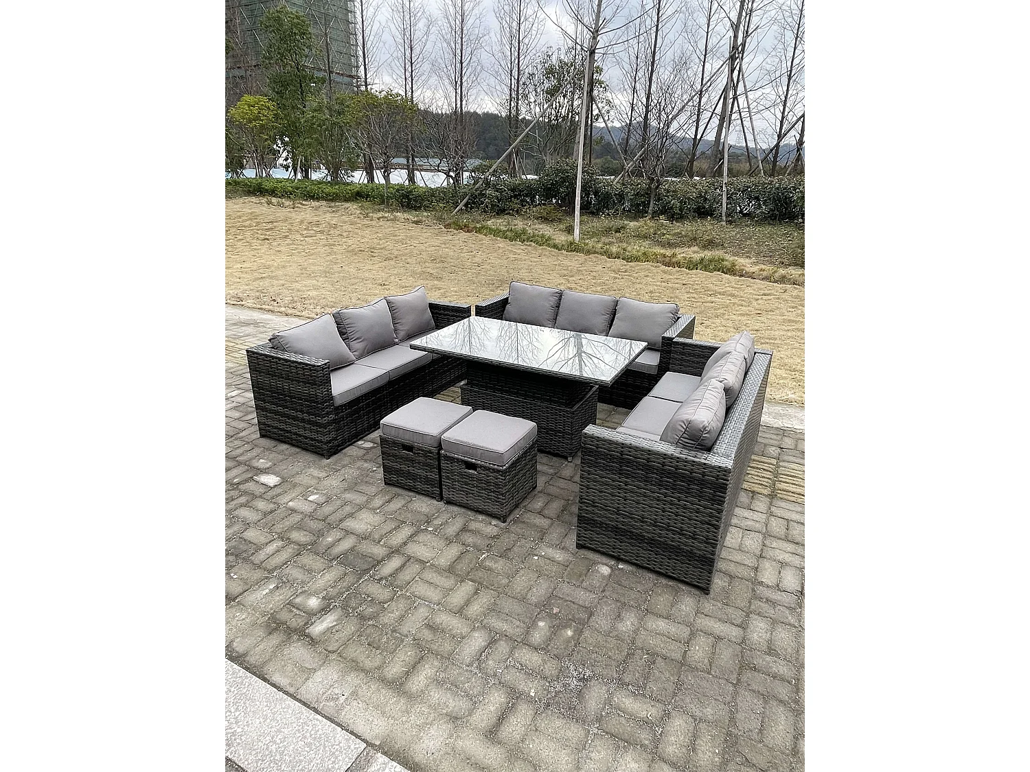 11 Places Meubles de jardin en rotin ave Table à manger réglable en hauteur 3 Places canapé 2 Repose-Pied Mélange gris foncé