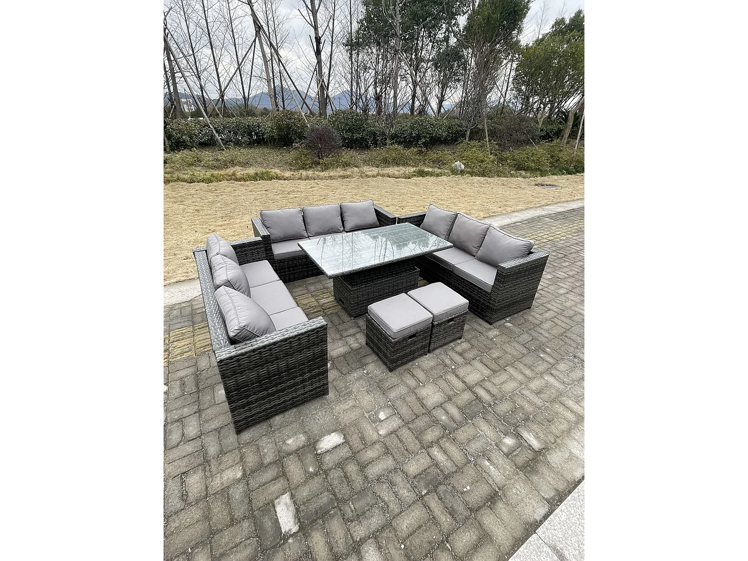 11 Places Meubles de jardin en rotin ave Table à manger réglable en hauteur 3 Places canapé 2 Repose-Pied Mélange gris foncé