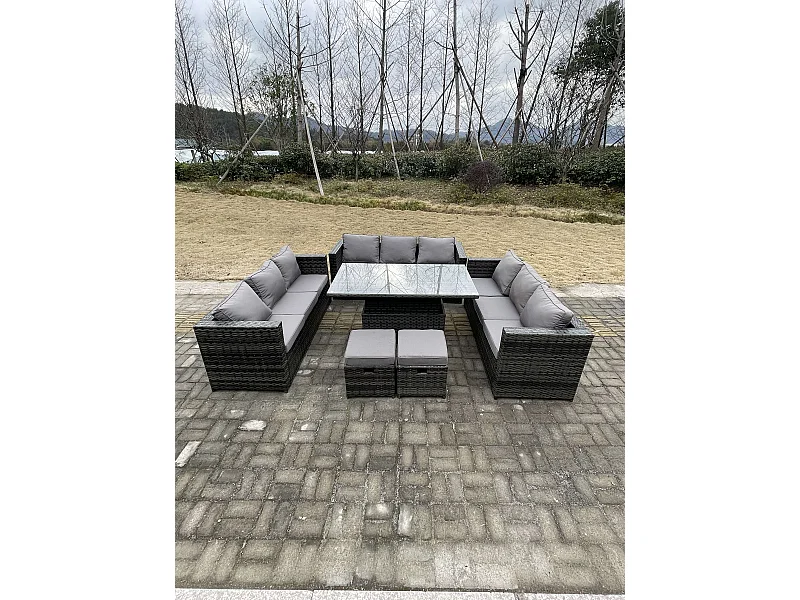 11 Places Meubles de jardin en rotin ave Table à manger réglable en hauteur 3 Places canapé 2 Repose-Pied Mélange gris foncé