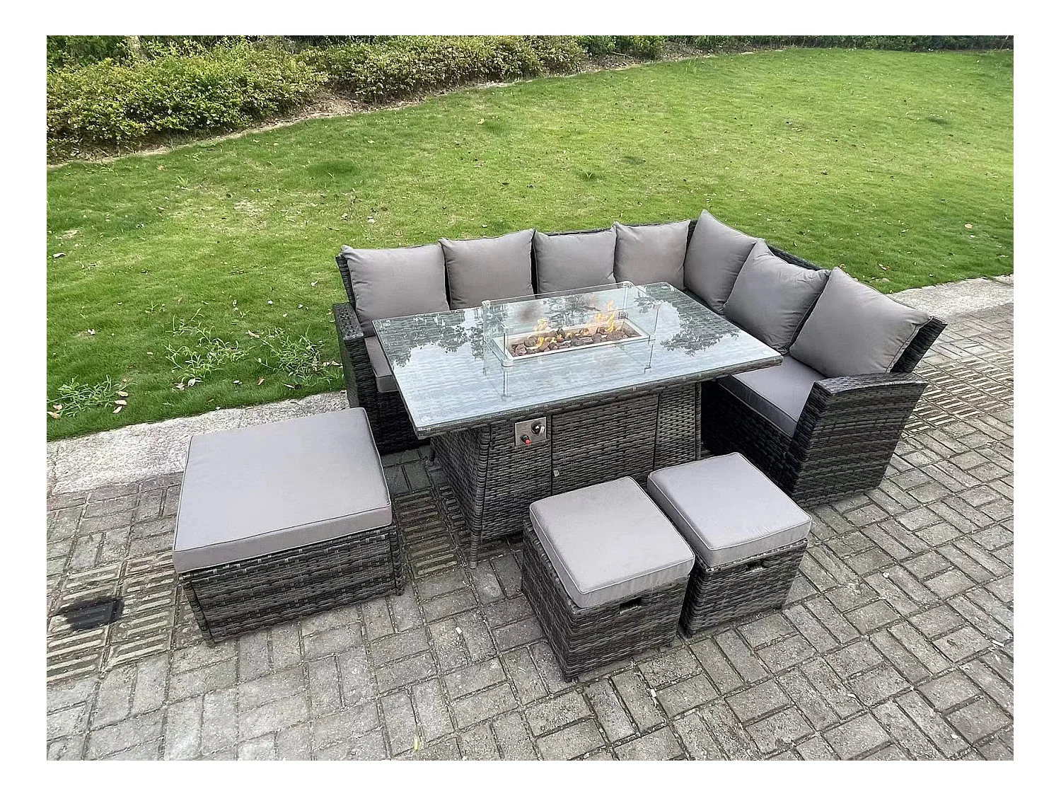 9 Places Meubles de jardin en rotin ave Table de foyer à gaz canapé 3 Tabourets Mélange gris foncé