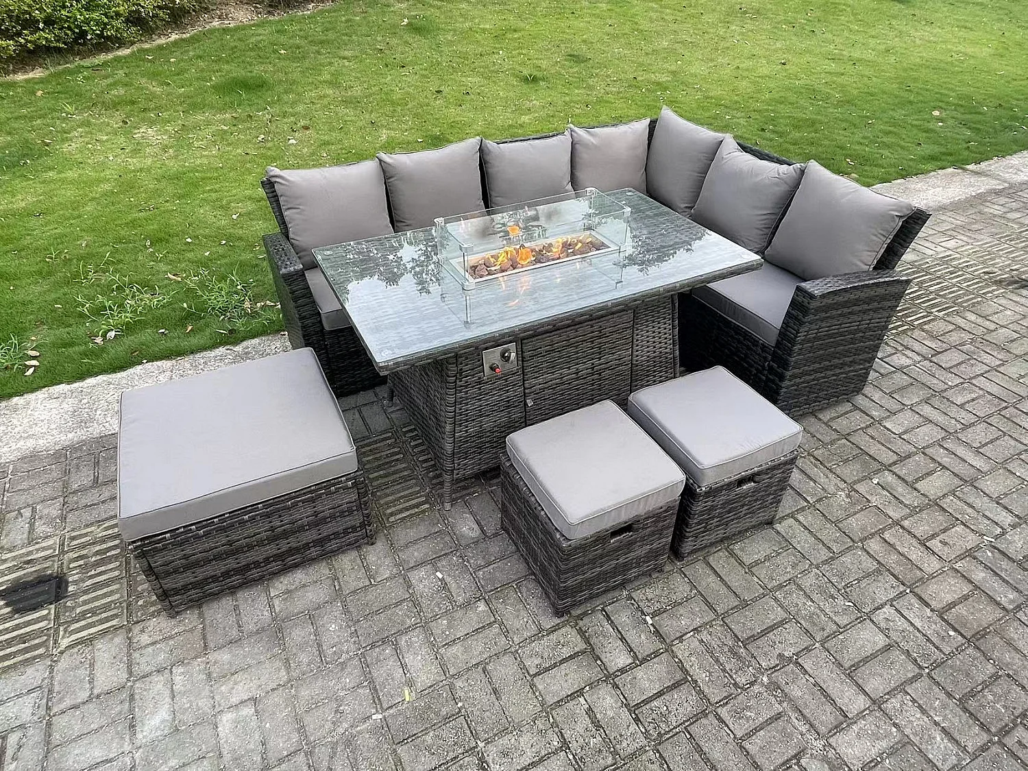 9 Places Meubles de jardin en rotin ave Table de foyer à gaz canapé 3 Tabourets Mélange gris foncé