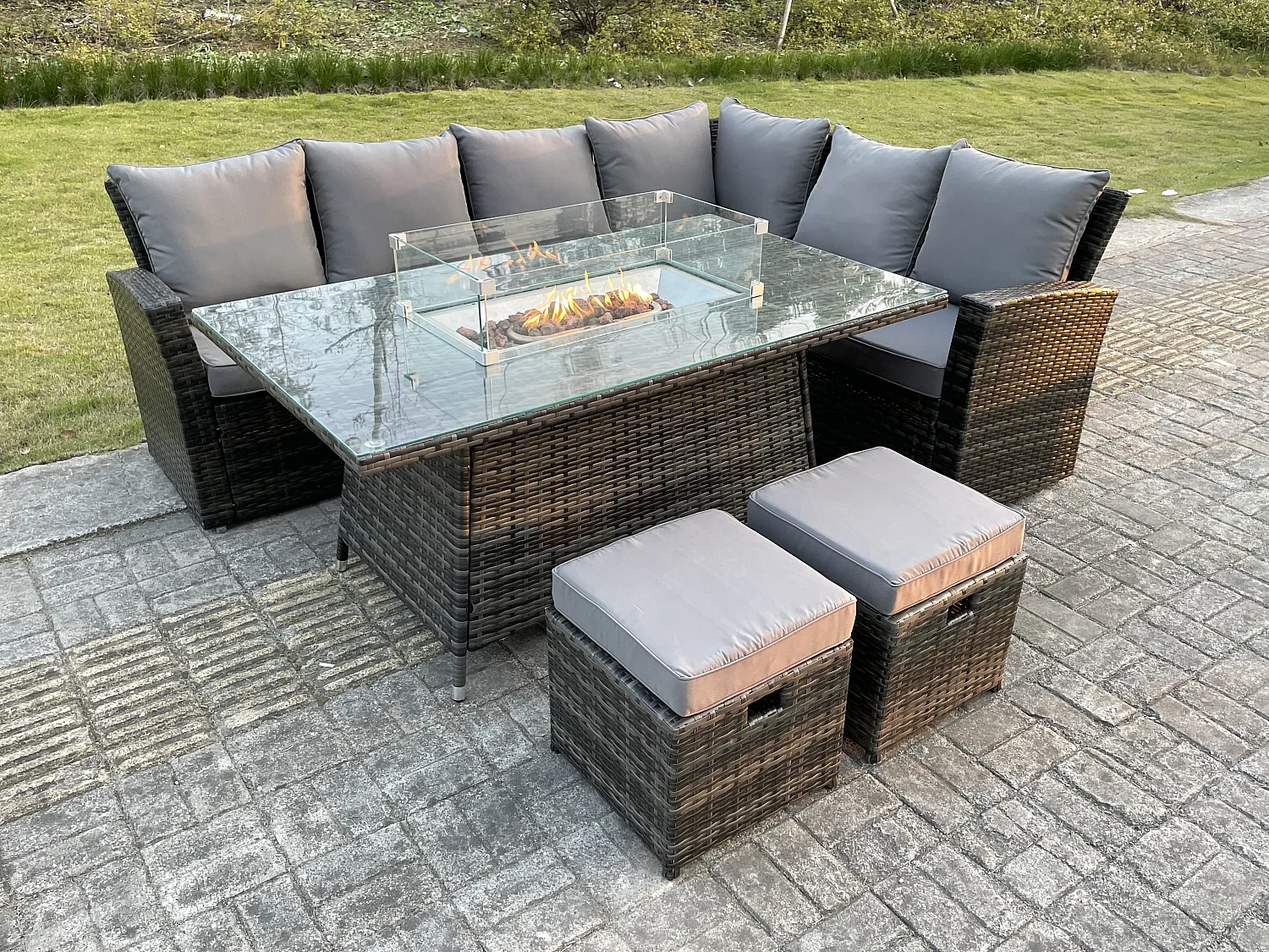 Mobilier À Dîner De Jardin en rotin ave Canapé Table de foyer à gaz Tabourets Mélange gris foncé