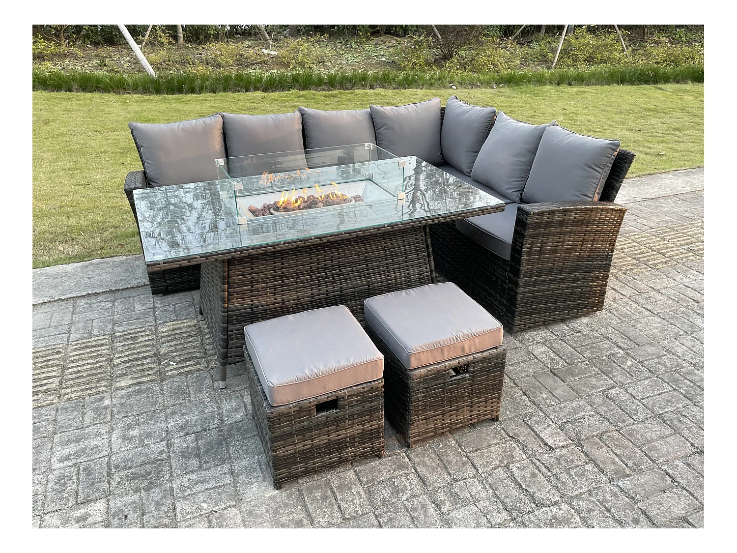 Mobilier À Dîner De Jardin en rotin ave Canapé Table de foyer à gaz Tabourets Mélange gris foncé