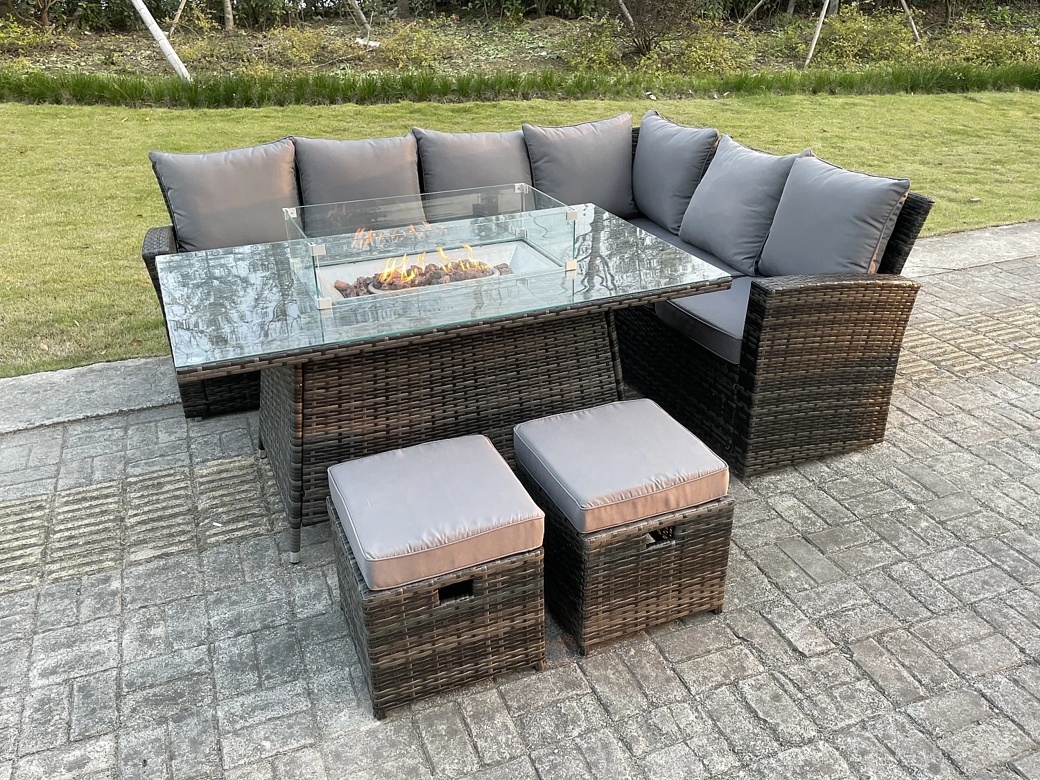 Fimous High Back Rattan Garden Furniture Sets Gas Fire Pit Dining Table Set Gas Heater Right Corner Sofa Small Footstools 8 Seater