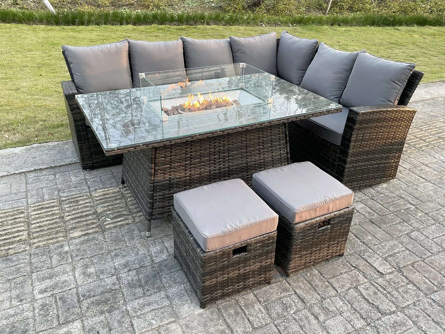 Fimous High Back Rattan Garden Furniture Sets Gas Fire Pit Dining Table Set Gas Heater Right Corner Sofa Small Footstools 8 Seater