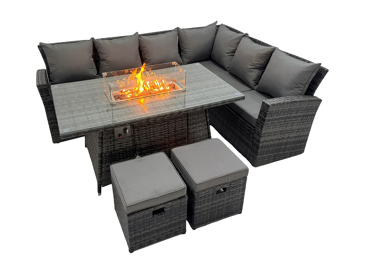 Fimous High Back Rattan Garden Furniture Sets Gas Fire Pit Dining Table Set Gas Heater Right Corner Sofa Small Footstools 8 Seater