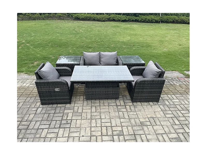 Ensemble de meubles de jardin en rotin ave Table à manger réglable en hauteur Chaises inclinable Canapé d'amour 2 Table d'appoint Mélange gris foncé