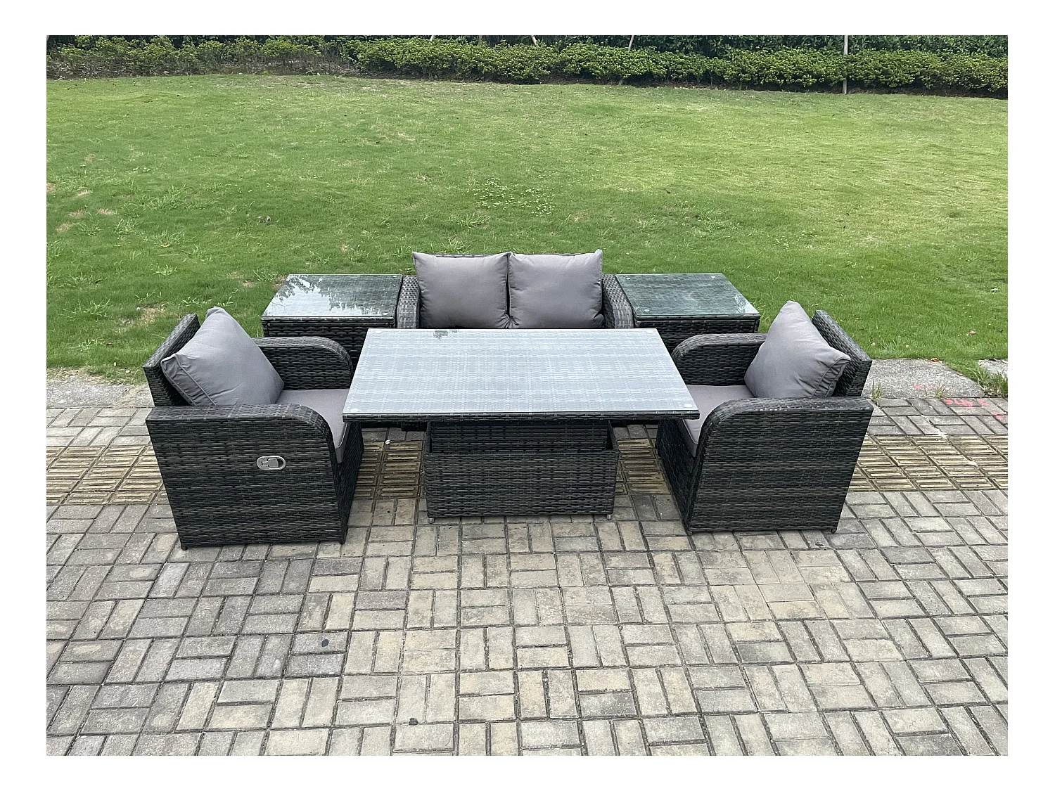 Ensemble de meubles de jardin en rotin ave Table à manger réglable en hauteur Chaises inclinable Canapé d'amour 2 Table d'appoint Mélange gris foncé