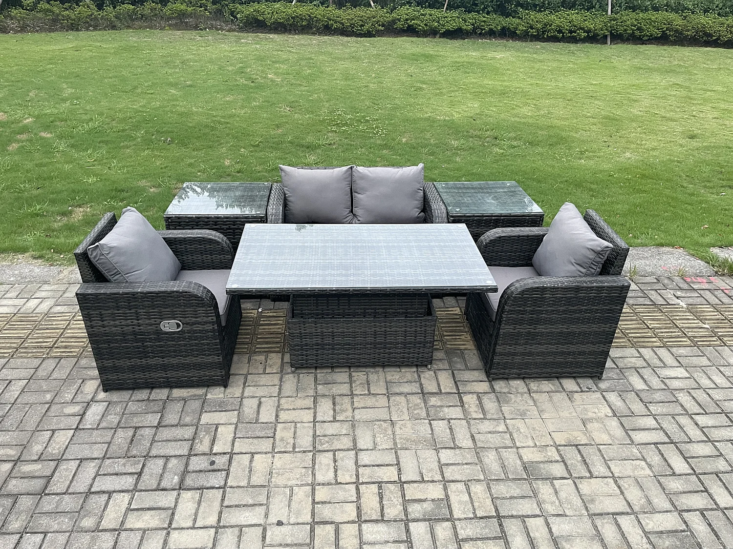 Ensemble de meubles de jardin en rotin ave Table à manger réglable en hauteur Chaises inclinable Canapé d'amour 2 Table d'appoint Mélange gris foncé