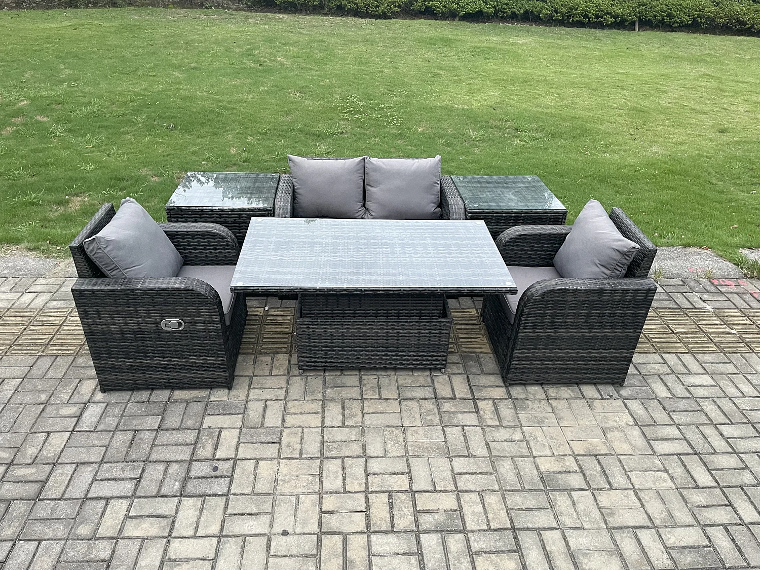 Fimous Outdoor Rattan Garden Furniture Set Height Adjustable Rising lifting Dining Table Love Sofa With 2 Side Tables Chair