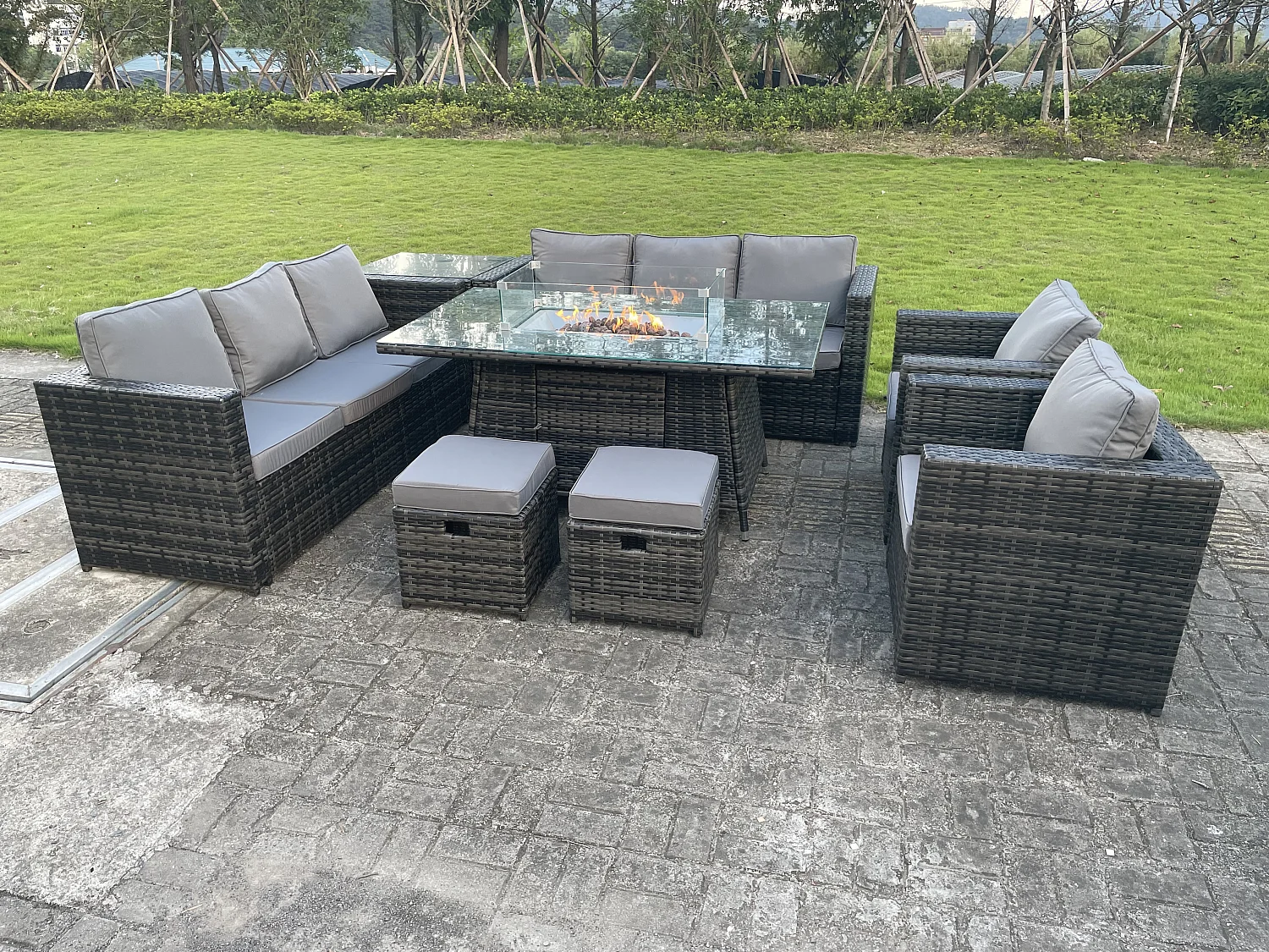 Fimous 10 Seater Outdoor Rattan Garden Furniture Gas Fire Pit Table Dining Set Gas Heater Lounge Chairs Small Footstools Dark Grey