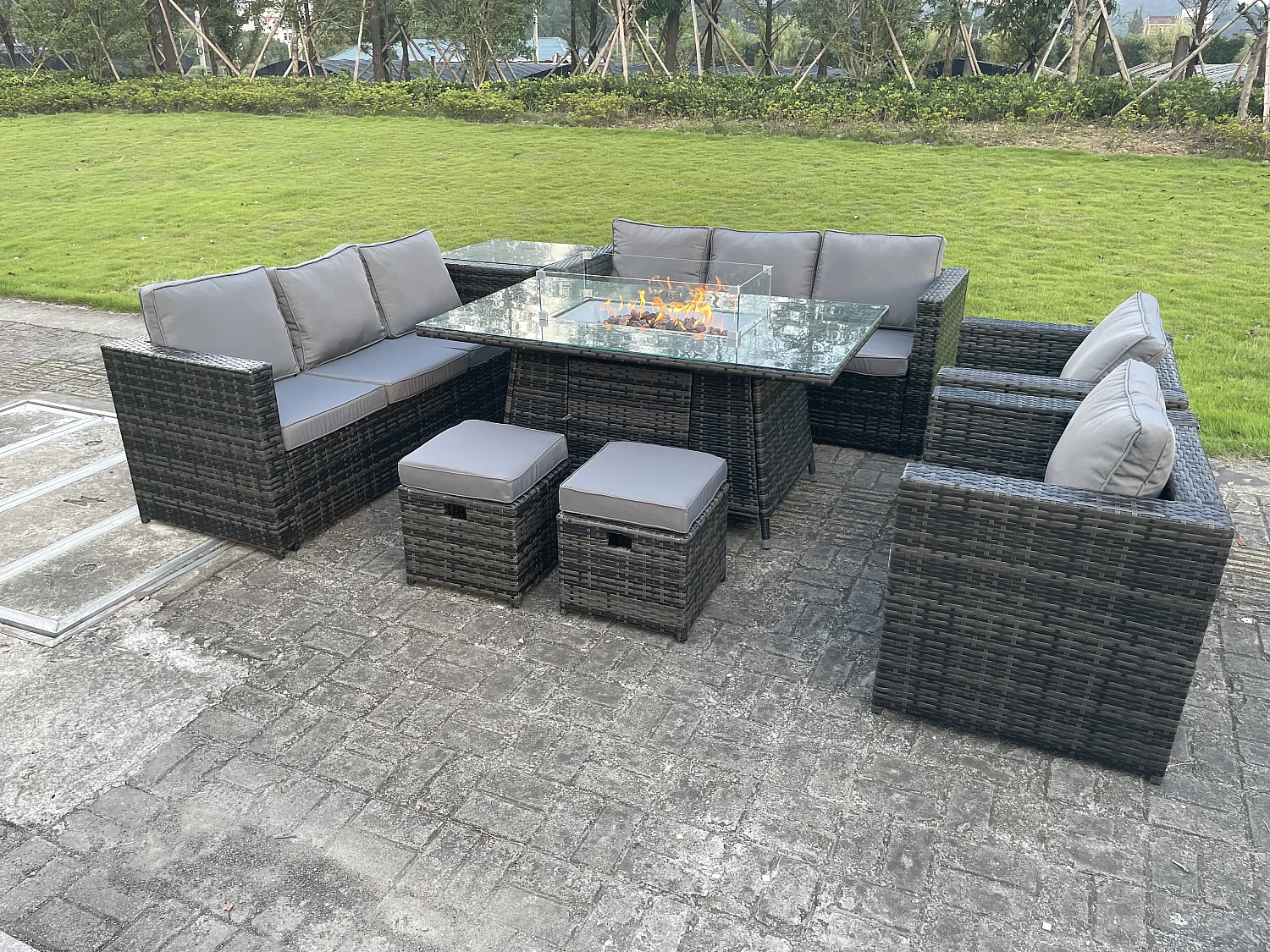 Fimous 10 Seater Outdoor Rattan Garden Furniture Gas Fire Pit Table Dining Set Gas Heater Lounge Chairs Small Footstools Dark Grey