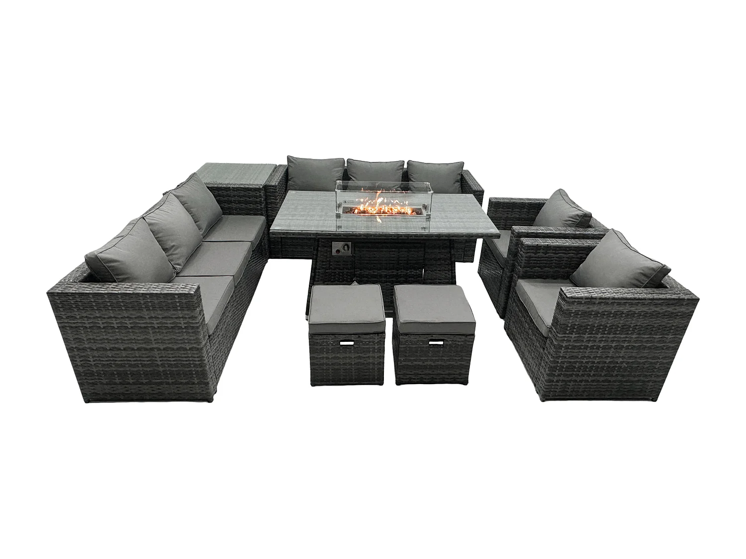 Fimous 10 Seater Outdoor Rattan Garden Furniture Gas Fire Pit Table Dining Set Gas Heater Lounge Chairs Small Footstools Dark Grey