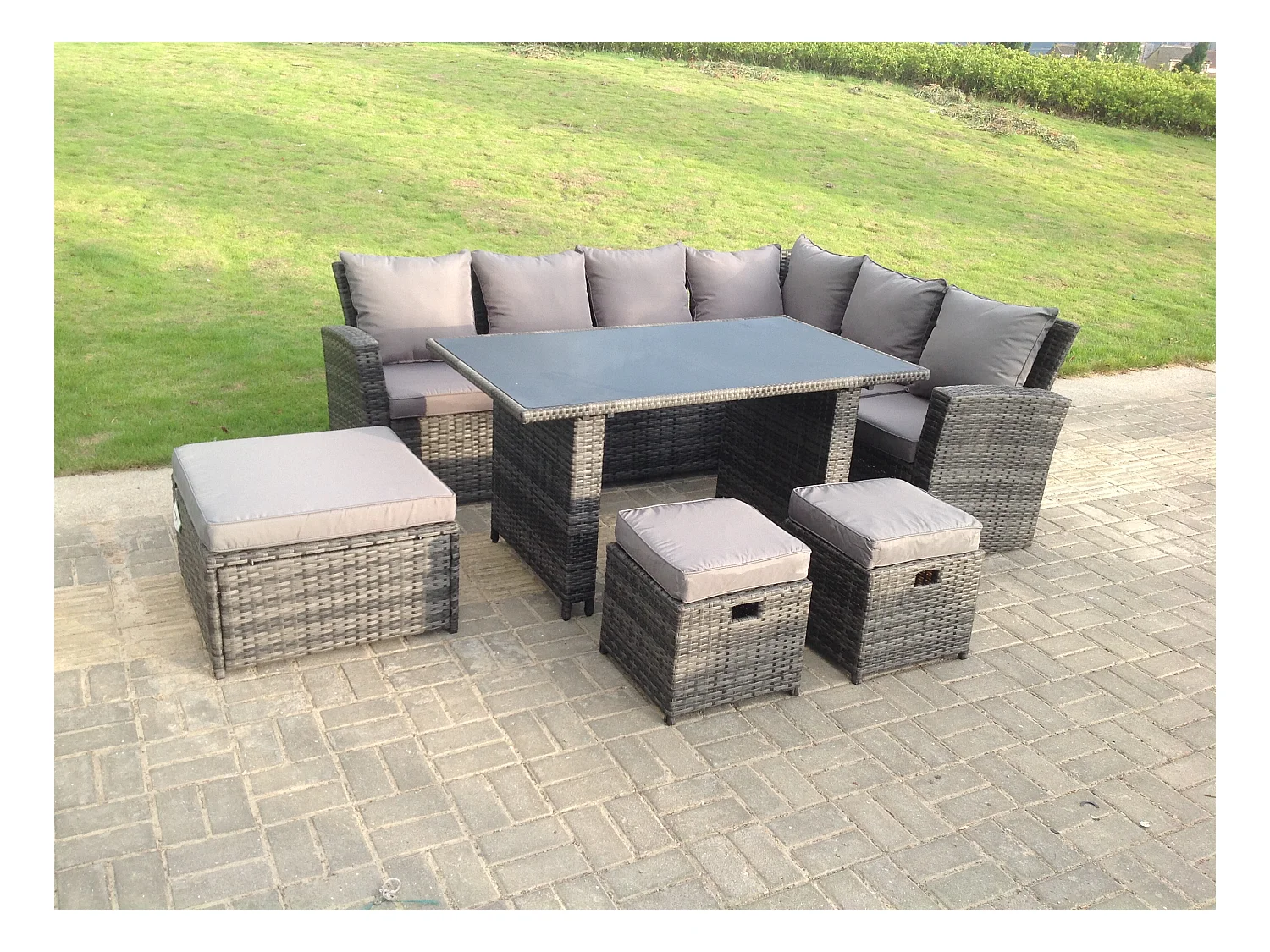 Rattan Gartenmöbel Set mit Sofa 3 Hocker Rechteckig Esstisch