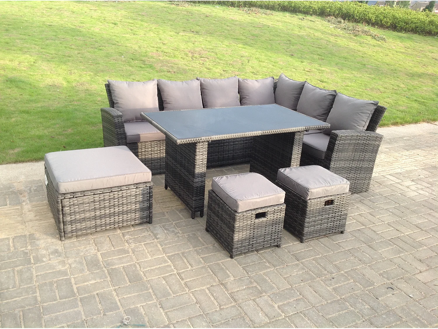Rattan Gartenmöbel Set mit Sofa 3 Hocker Rechteckig Esstisch