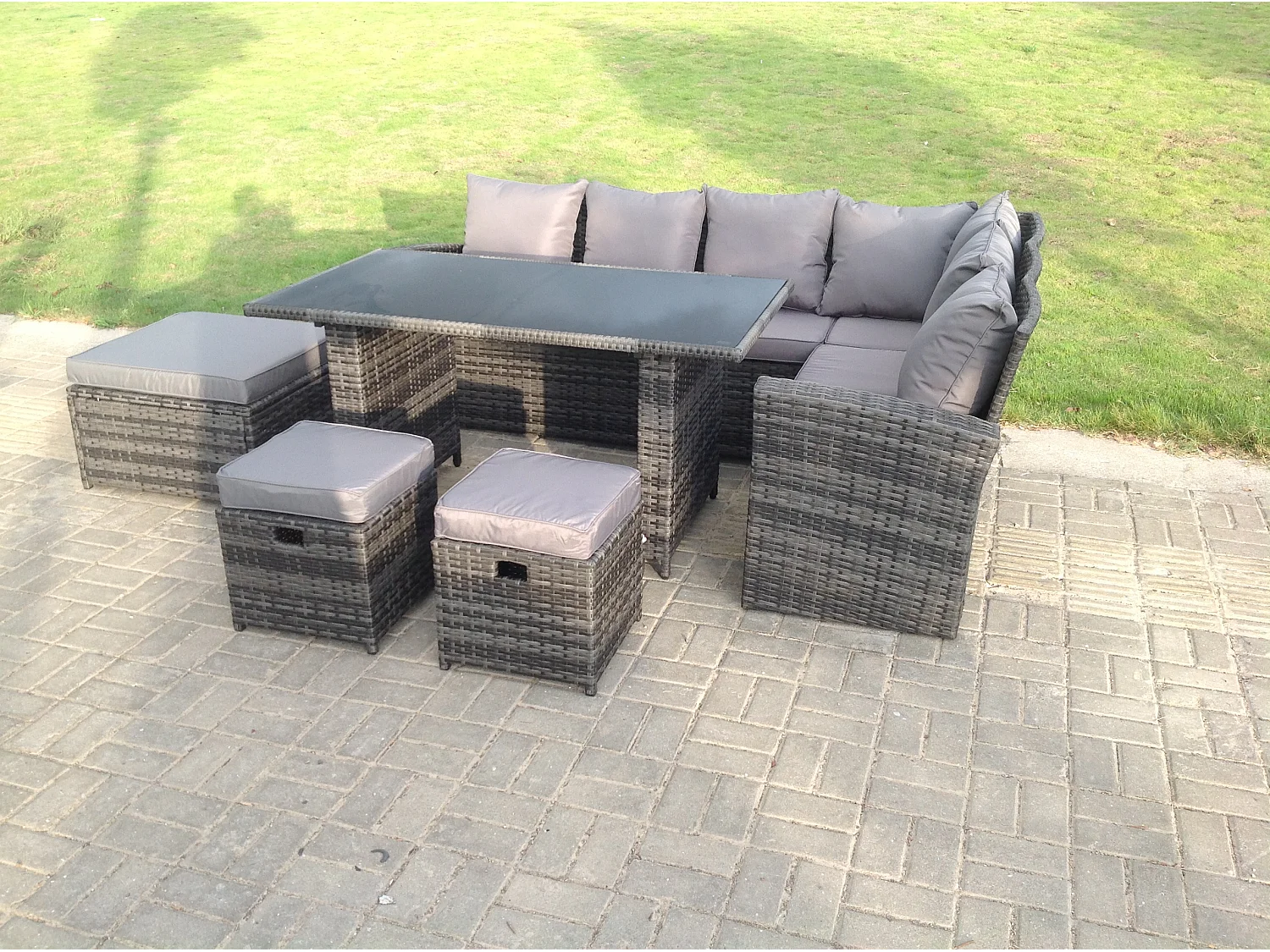 Fimous 9 Seater High Back Rattan Garden Furniture Set Corner Sofa With Black Tempered Glass Dining Table 3 Stool