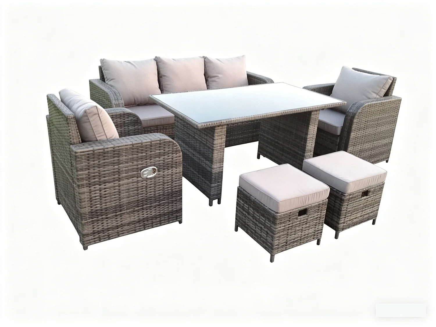 Fimous 9 Seater High Back Rattan Garden Furniture Set Corner Sofa With Black Tempered Glass Dining Table 3 Stool