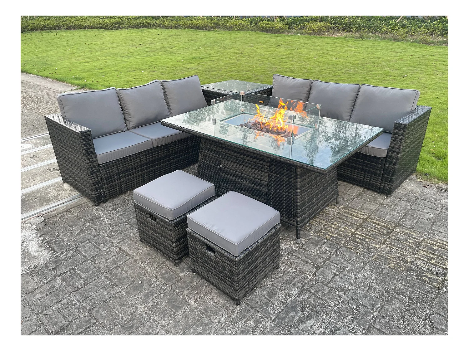 Meubles de Jardin en rotin ave Canapé d'appoint Table 2 Tabourets Table de foyer à gaz Mélange gris foncé