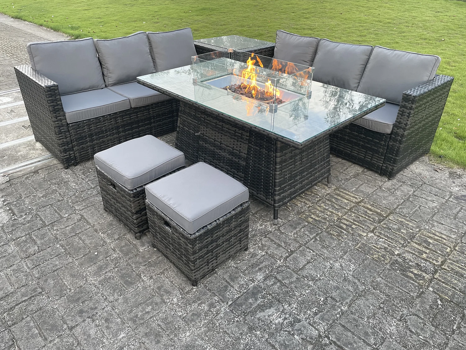 Rattan Gartenmöbel Set mit Sofa Beistelltisch 2 Hocker Gas Feuertisch