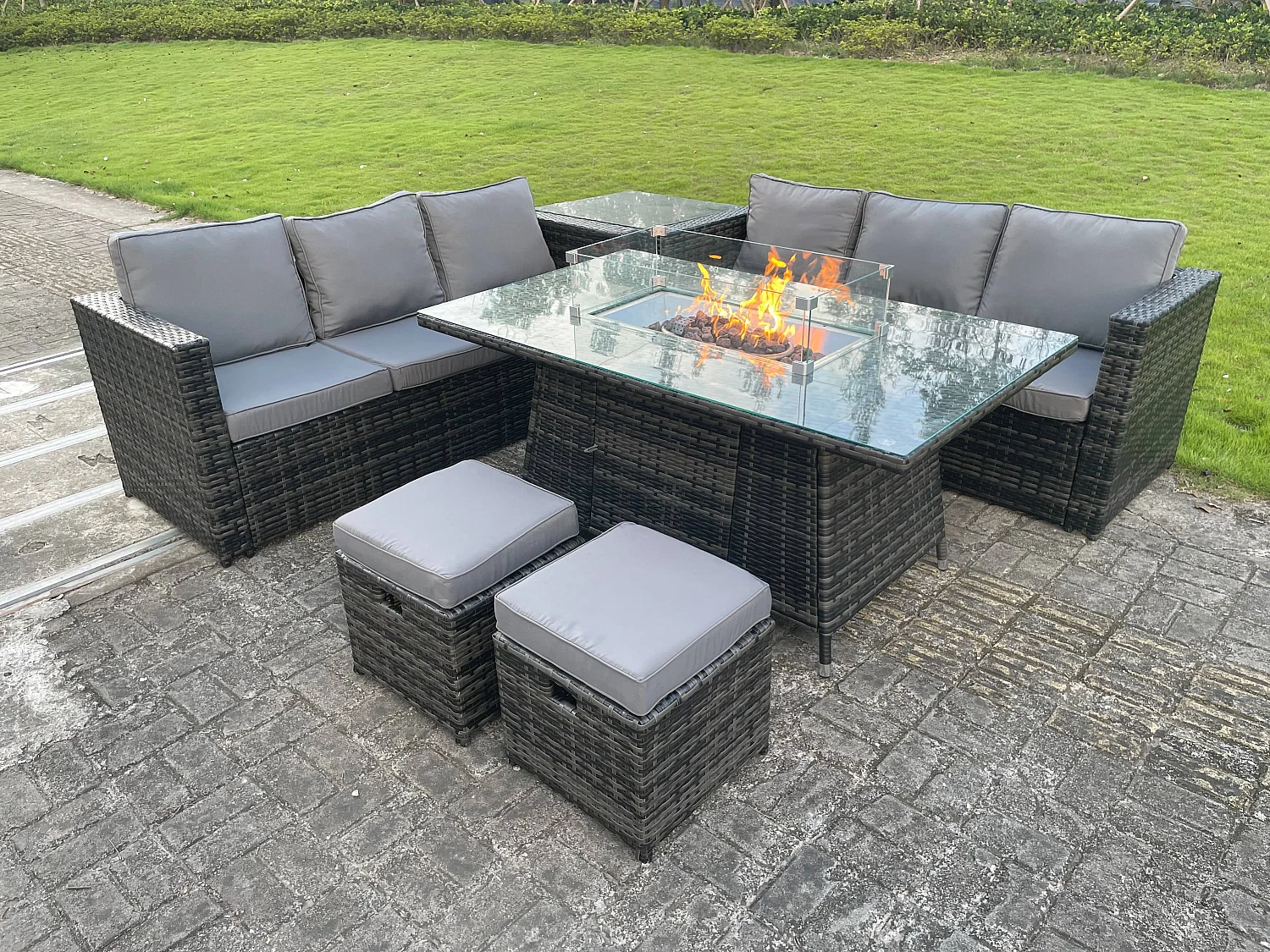 Fimous 8 Seater Outdoor Rattan Garden Furniture Gas Fire Pit Table Sets Gas Heater Lounge Dark Grey Footstool