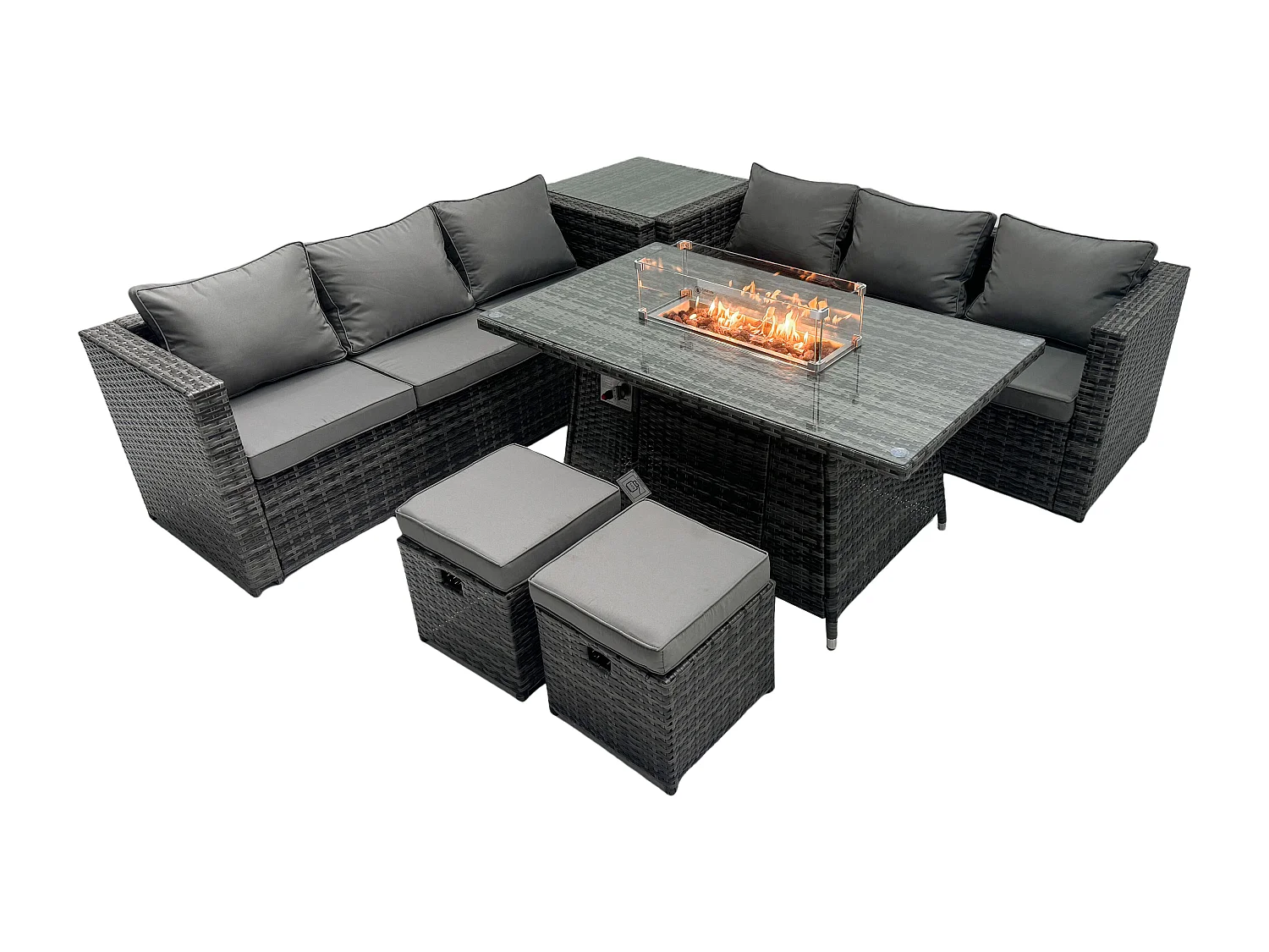 Fimous 8 Seater Outdoor Rattan Garden Furniture Gas Fire Pit Table Sets Gas Heater Lounge Dark Grey Footstool