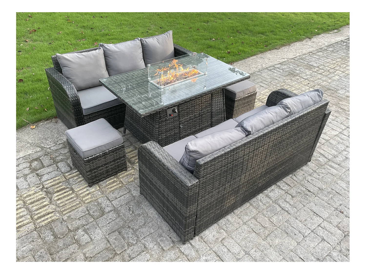 8-Sitzer Rattan Gartenmöbel Set mit Sofa Gas Feuertisch 2 Hocker