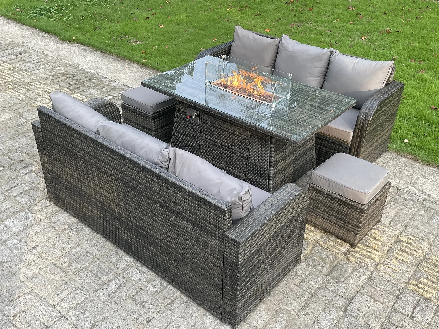 8 places Ensemble De Mobilier en rotin ave Canapé Table de foyer à gaz 2 Tabourets Mélange gris foncé