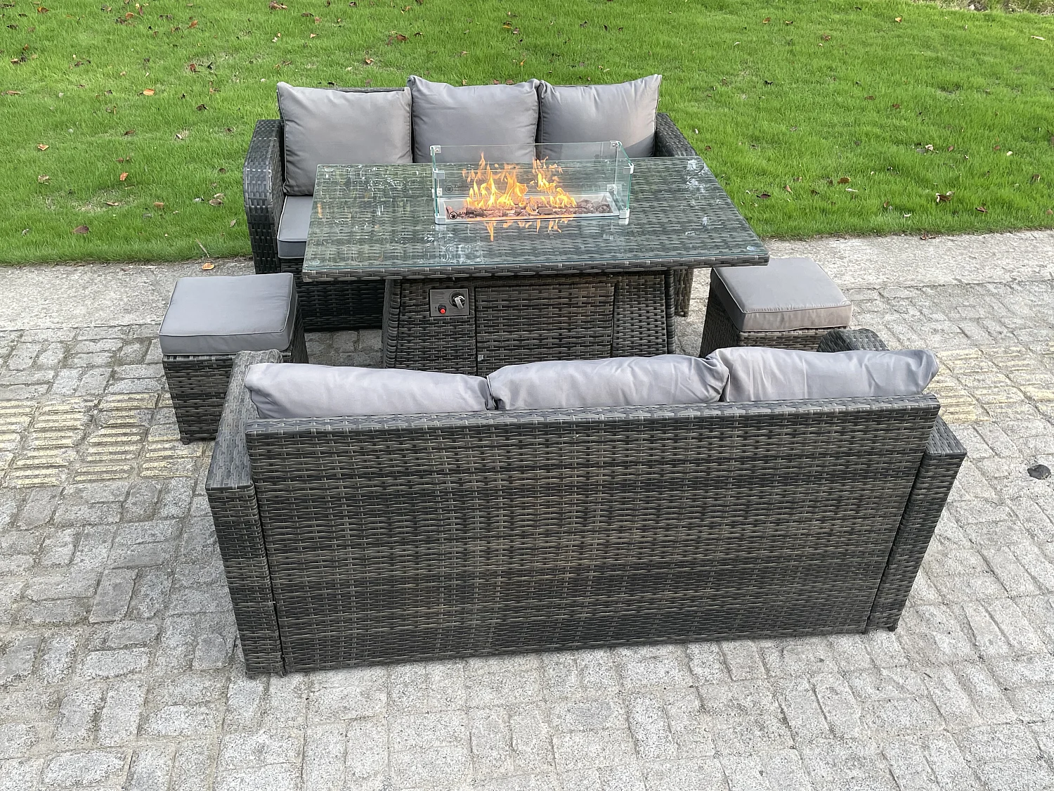 Fimous Rattan Outdoor Furniture Gas Fire Pit Rectangle Dining Table Gas Heater 3 Seater Lounge Sofa Small Footstools Sets 8 Seater
