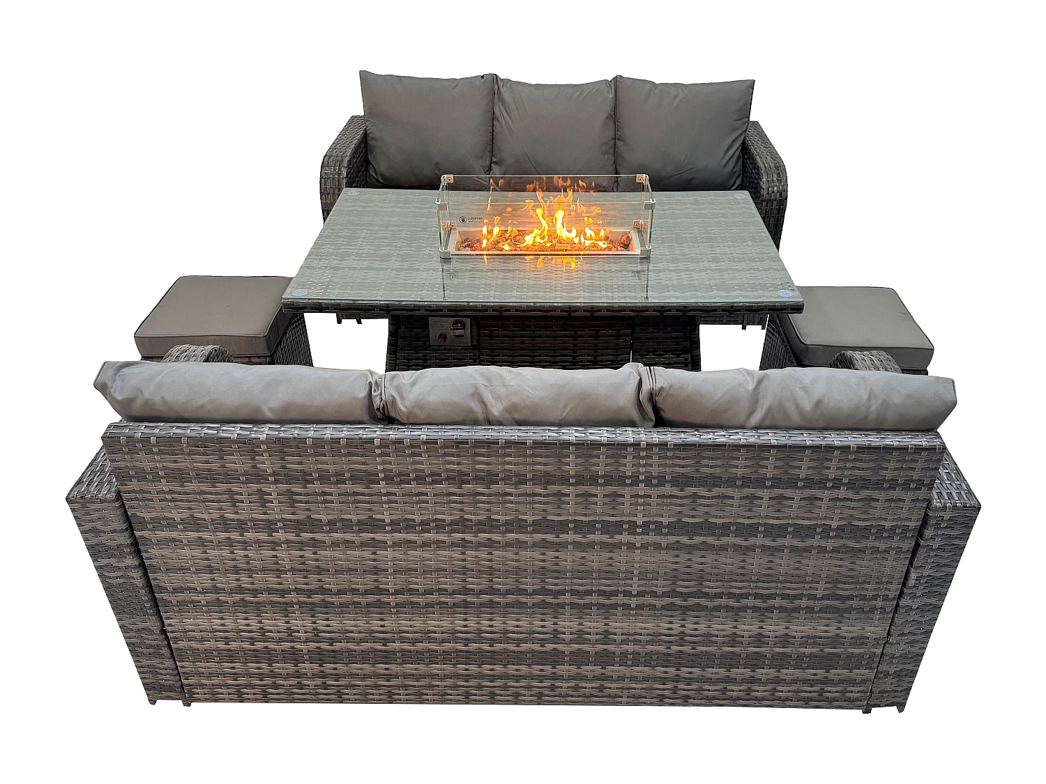 Fimous Rattan Outdoor Furniture Gas Fire Pit Rectangle Dining Table Gas Heater 3 Seater Lounge Sofa Small Footstools Sets 8 Seater