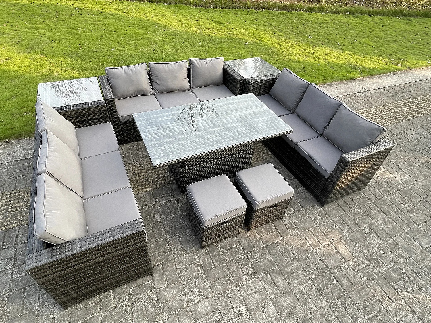 Fimous U Shape Rattan Gardern Furniture Dining Sofa Set Adjustable Rising Dining Table With 2 Side Coffee Table Extra 2 Stool