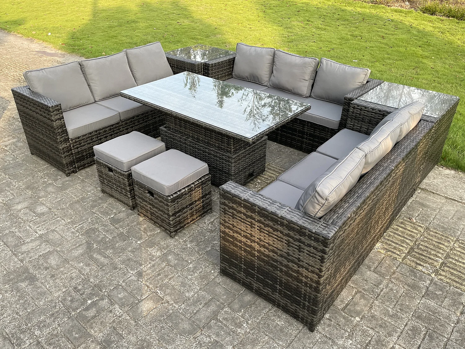 Fimous U Shape Rattan Gardern Furniture Dining Sofa Set Adjustable Rising Dining Table With 2 Side Coffee Table Extra 2 Stool