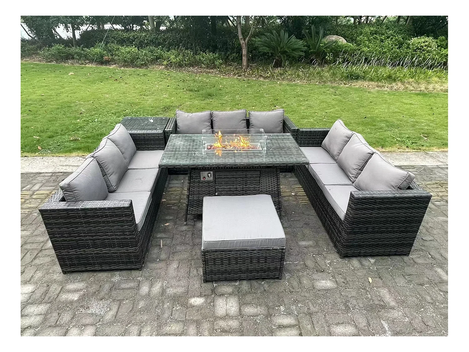10-Sitzer Rattan Gartenmöbel Set mit Gas Feuertisch Sofa Hocker