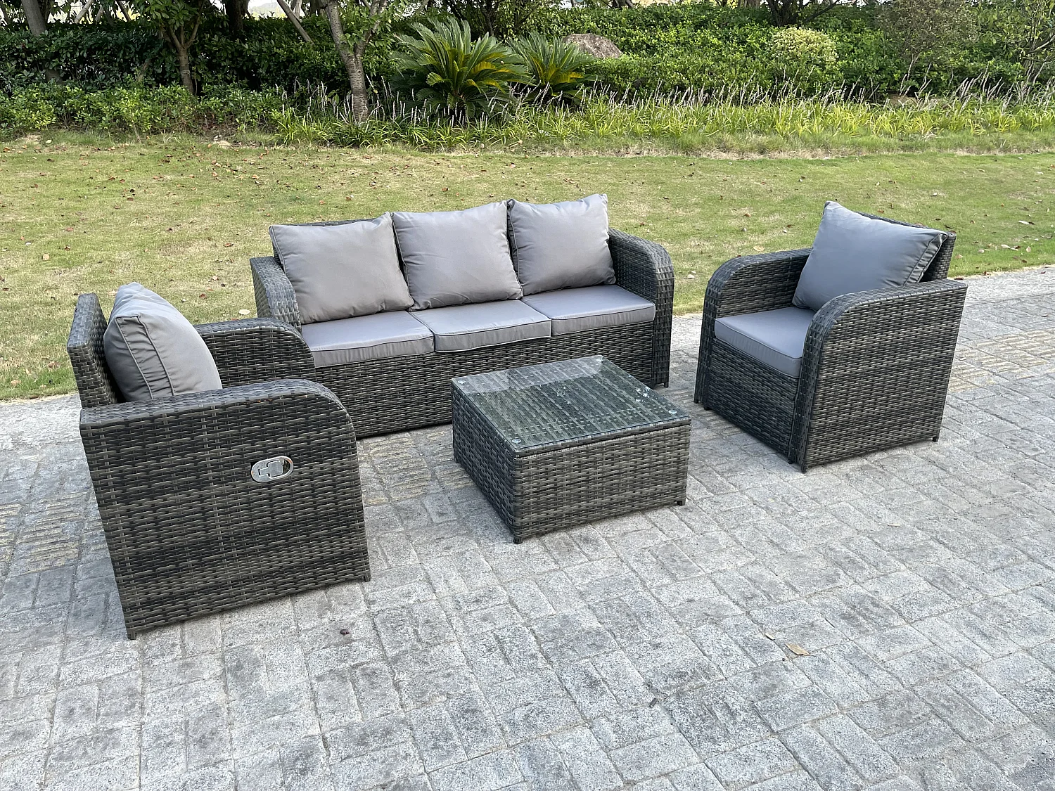 5 Places Meubles de jardin en rotin ave carrée Table basse 2 Chaises inclinable Mélange gris foncé