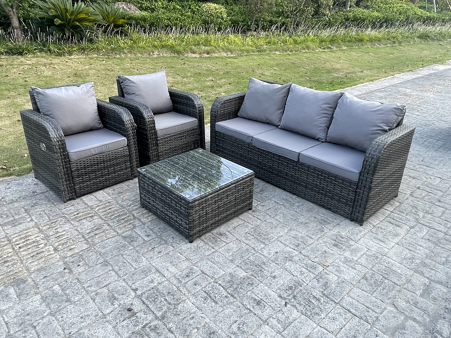 5 Places Meubles de jardin en rotin ave carrée Table basse 2 Chaises inclinable Mélange gris foncé