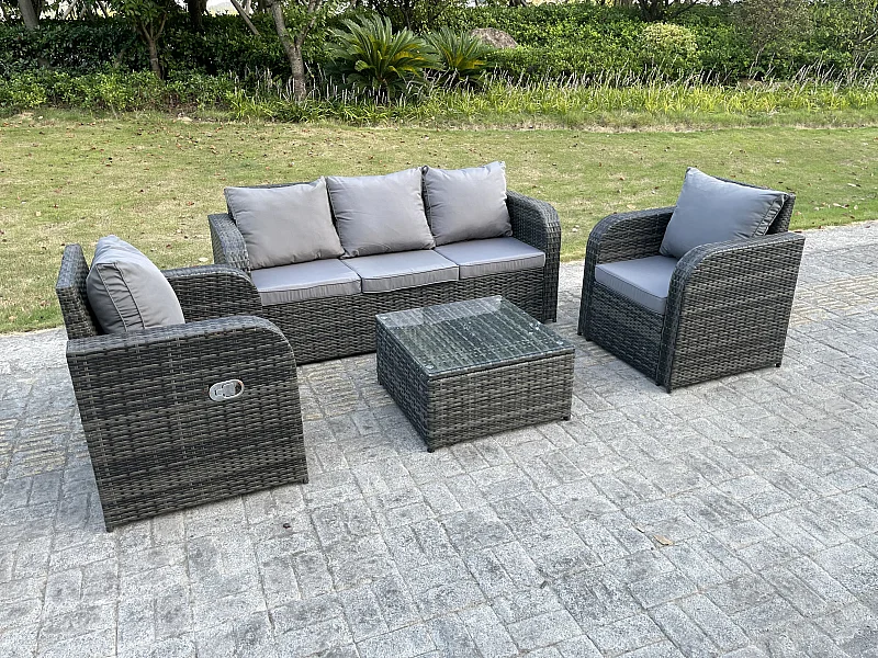 5-Sitzer Rattan Gartenmöbel Set mit Quadratischer Couchtisch 2 Sessel inclinable